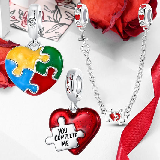 925 Sterling Silver Unique Red Puzzle Heart Dangle Charm Valentine's Day Pendant Fit Original Bracelets Women DIY Jewelry Gift