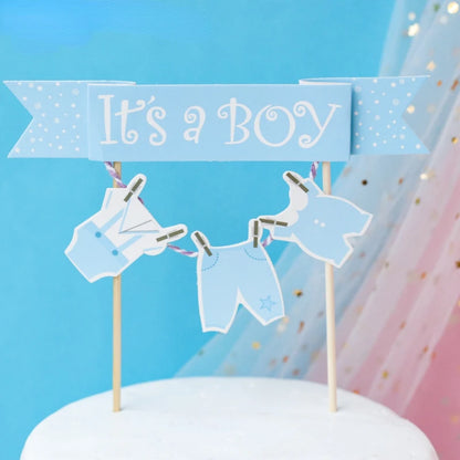 Gender Reveal Cake Decoration Blue Pink Baby Boy Girl Cake Toppers Baby Bottle Stroller Happy Birthday Cupcake Topper Baking