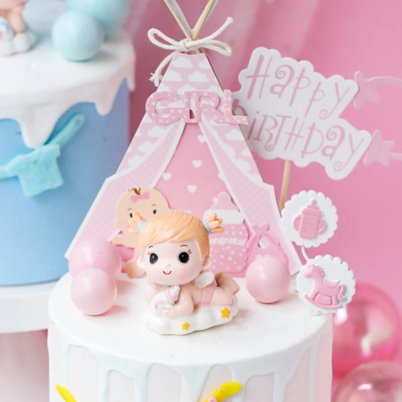 Gender Reveal Cake Decoration Blue Pink Baby Boy Girl Cake Toppers Baby Bottle Stroller Happy Birthday Cupcake Topper Baking