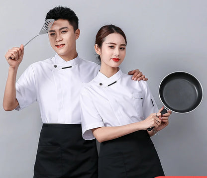 White Chef Jacket short Sleeve Head Chef Uniform Restaurant Hotel Kitchen Cooking Clothes Catering Foodservice Chef Shirt Apron