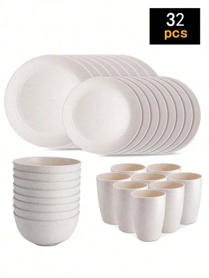 4/16/24pcs Reusable plastic tableware set, including plates, bowls and cups