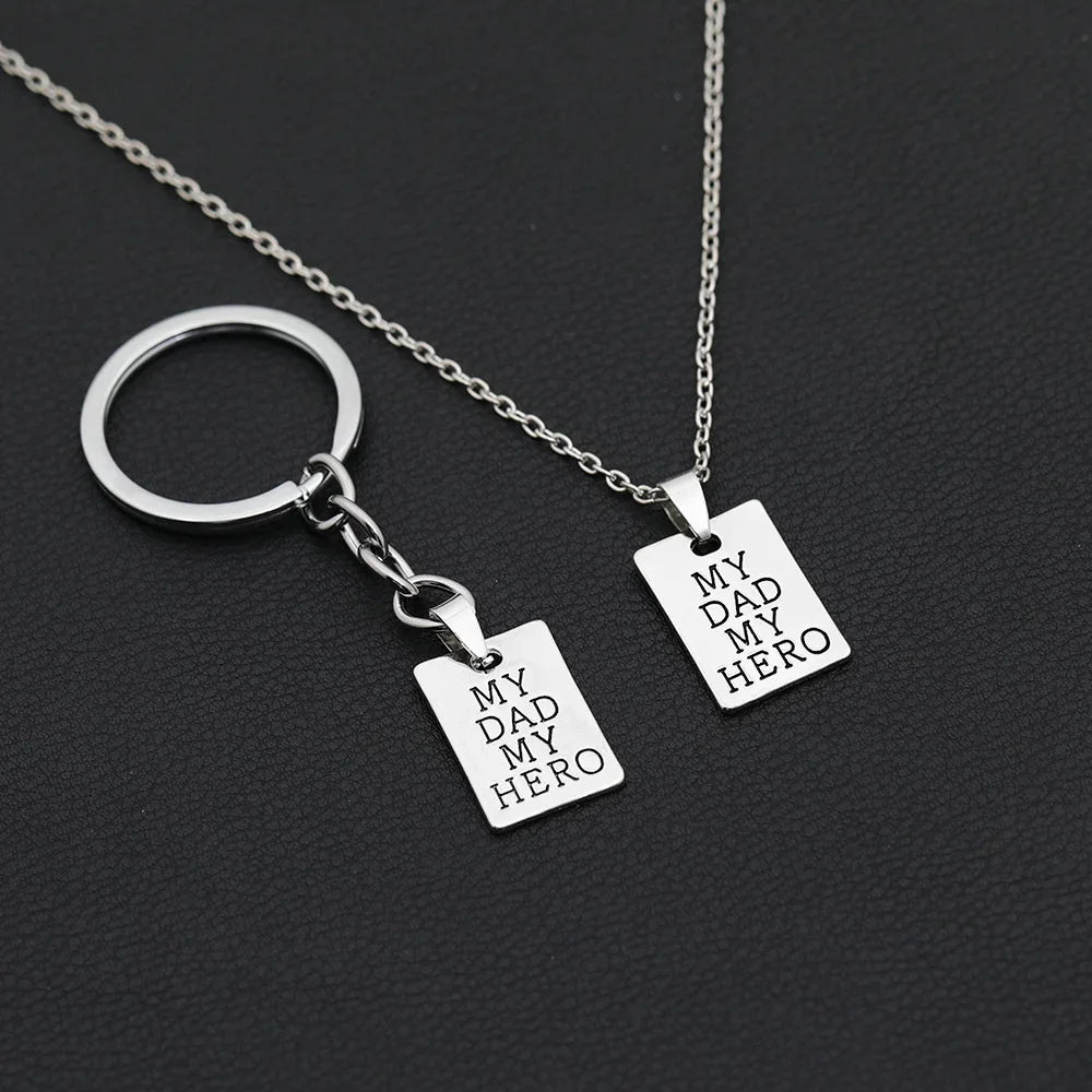 "MY DAD MY HERO" Keychain Necklace for Men Women Square Brand Carved Letter Pendant Chain Key Ring Accessories Father's Day Gift