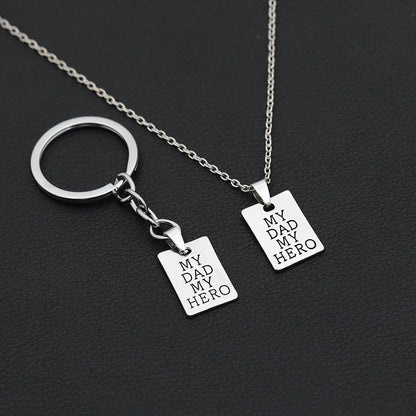 "MY DAD MY HERO" Keychain Necklace for Men Women Square Brand Carved Letter Pendant Chain Key Ring Accessories Father's Day Gift