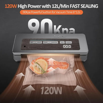 Vacuum Sealer, 90kPa 120W Wide Seal All-in-One Strong Food Storage with Built-in Cutter | 2 Roll Bags and 5 Pre-cut Bags