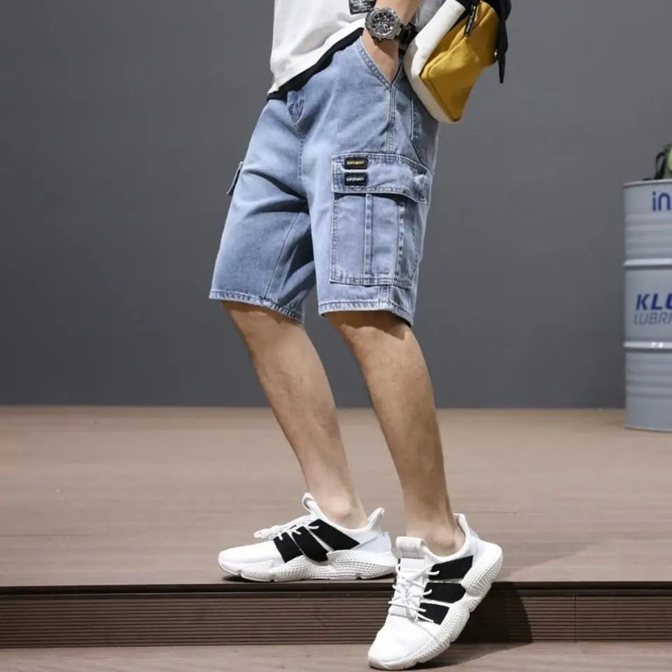 Men's Casual Loose Baggy Cowboy Pants Streetwear Cargo Summer Denim Jeans Straight Knee Length Shorts Male