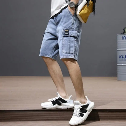 Men's Casual Loose Baggy Cowboy Pants Streetwear Cargo Summer Denim Jeans Straight Knee Length Shorts Male