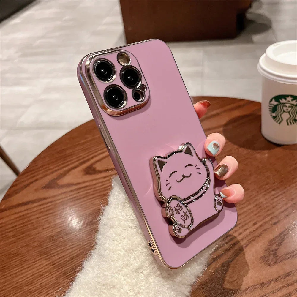 Lucky Cat Folding Stand Silicone Phone Case for iPhone 16 15 14 Pro Max 13 12  Plus XR  Max 11 Luxury Plating Case