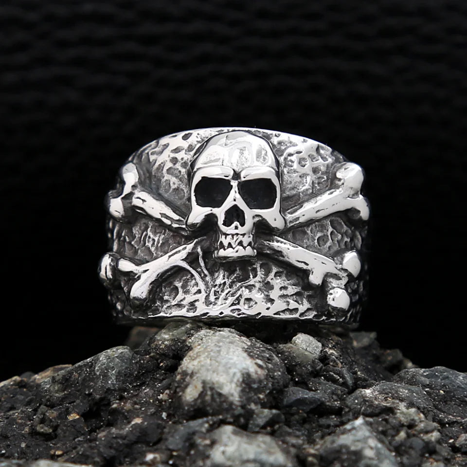 Punk Vintage Stainless Steel Crossbones Pirate Skull Ring For Men Boys Biker Hip Hop High Quality Fashion Jewelry Gift Wholesale