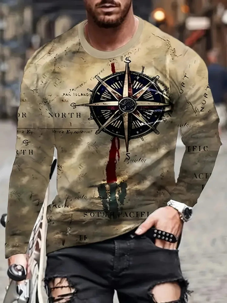 Fashion Trend Men's Crew-neck Long Sleeves Cross 3D Printed Men's Casual Pullover T-shirt Casual All-match Men's Top S-5XL