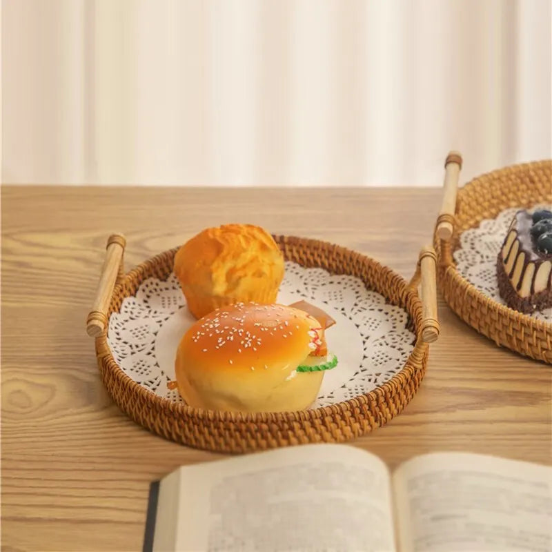 1PC Rattan Bread Storage Woven Snacks Fruit Round Tray Picnic Binaural Tray Living Room Table Finishing