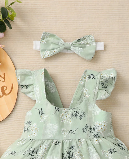 Summer baby girl green fashionable printed camisole dress