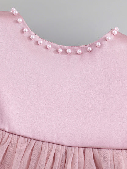 Princess Flower Girls Dresses Pink Sleeveless Bow Satin Wedding Kids Dresses With Pearl For Baby Girls