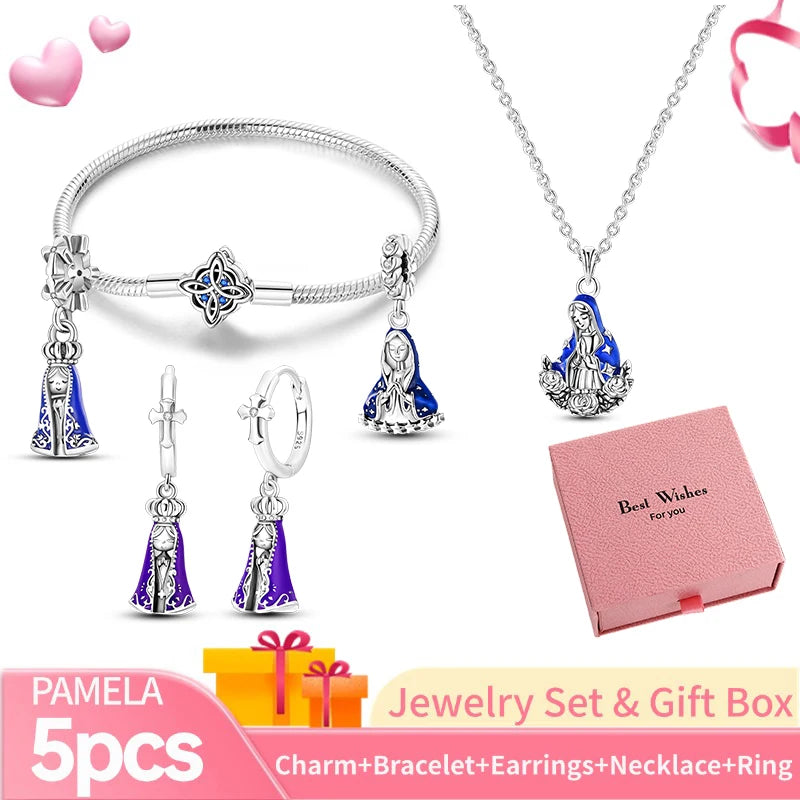 Pink Heart Bracelet Set 925 Silver Original Flower Ring Butterfly Earrings & Gift Box For Women Wedding Jewelry Best Wish 5pcs