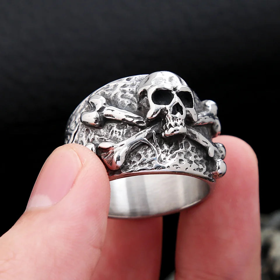 Punk Vintage Stainless Steel Crossbones Pirate Skull Ring For Men Boys Biker Hip Hop High Quality Fashion Jewelry Gift Wholesale