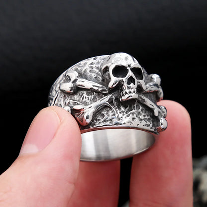 Punk Vintage Stainless Steel Crossbones Pirate Skull Ring For Men Boys Biker Hip Hop High Quality Fashion Jewelry Gift Wholesale