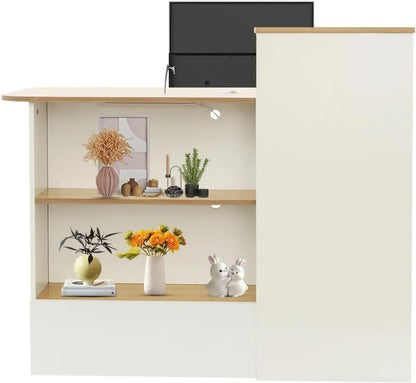 L Shaped Reception Desk With LED Lights Cable Grommet Lockable Drawers Modern Front Table For Lobby Salon Office Retail Checkout
