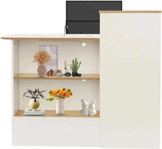 L Shaped Reception Desk With LED Lights Cable Grommet Lockable Drawers Modern Front Table For Lobby Salon Office Retail Checkout