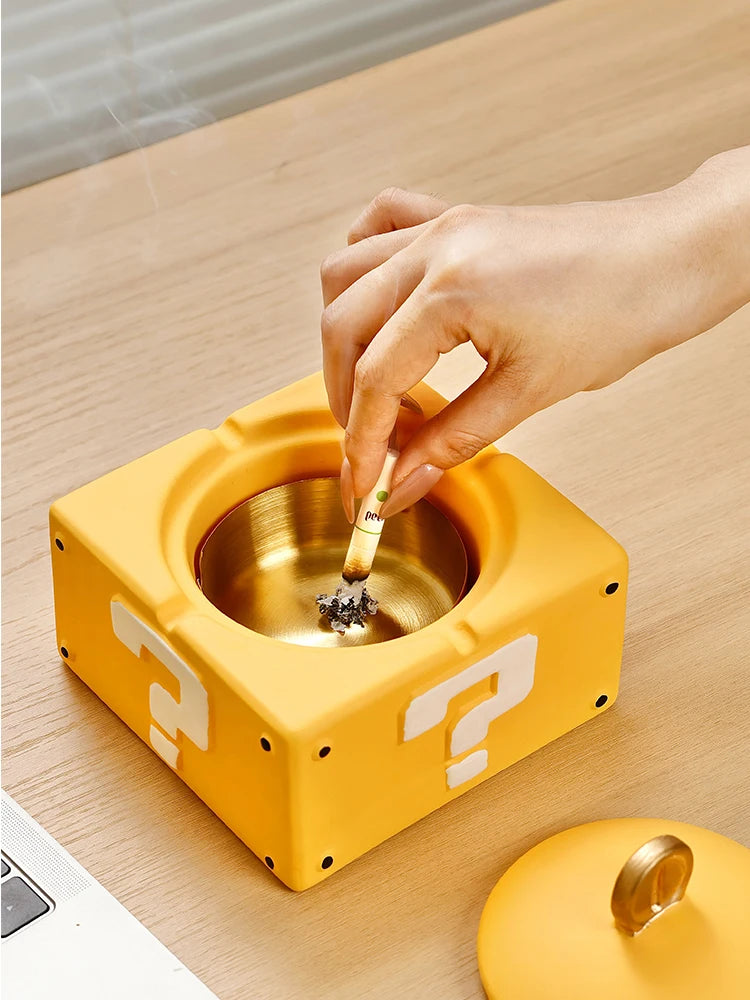 Mario Question Block Ceramic Ashtray with Lid – Creative Home & Office Decor