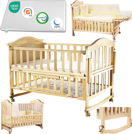 Baby Crib 4 in 1 Convertible with Memory Foam Mattress(38"by 24") Included, para 2024 Natural Wood Portable Crib