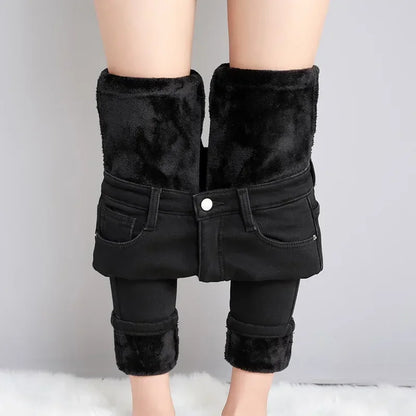 delete Women Thermal Skinny Jeans Mom Winter Warm Plush Stretch Jeans Lady Fleece Snow Denim Pants Student Pencil Straight Leg Trousers