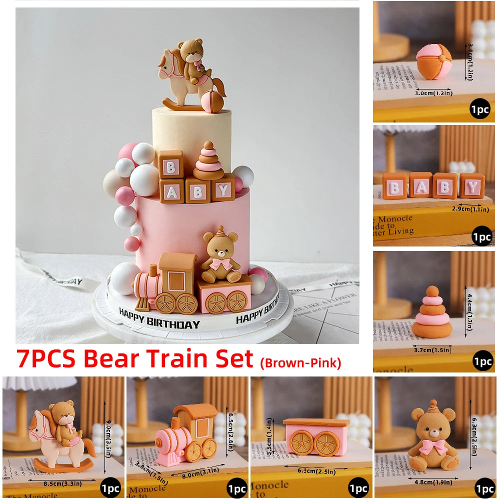 Blue Train Cake Topper Bear Cake Top Carriage Water Balloons Rainbow Tower Cake Decorations Boy Girl Baby Shower Party Supplies