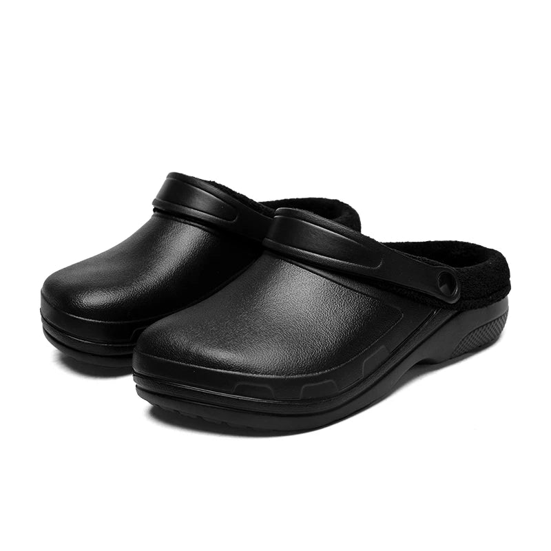 winter fluffy slippers men outdoor clogs warm home cotton shoes indoor cozy slides pull on comforty non-slip chef shoes