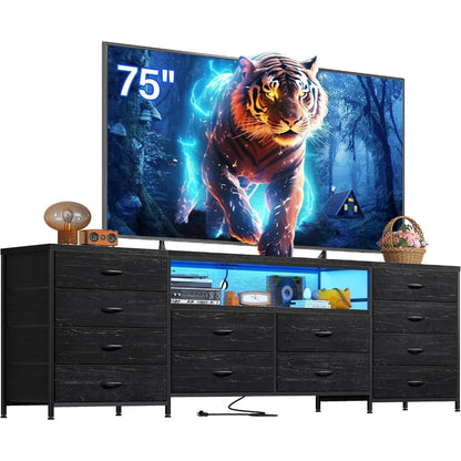 65 70 75 Inch TV 63"W Dresser TV Stand for Bedroom with LED Lights & Power Outlets & 12 Drawers Black Dresser, TV Stands