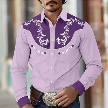 Men’s Retro Western Shirt – Long Sleeve Stretch Top (S–5XL)