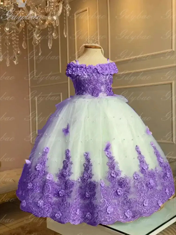 Baby Flower Girl Dresses Off-the-shoulder Pearls Gold appliqués Off Lace Butterflies Flower Princess Dress Infant First Birthday