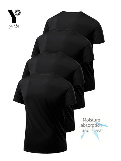 Men's Round Neck T-Shirt 4-Pack Black Ultra-Light Quick Drying Breathable Sweat-Absorbent Shirt Suitable for Fitness Gym and Run