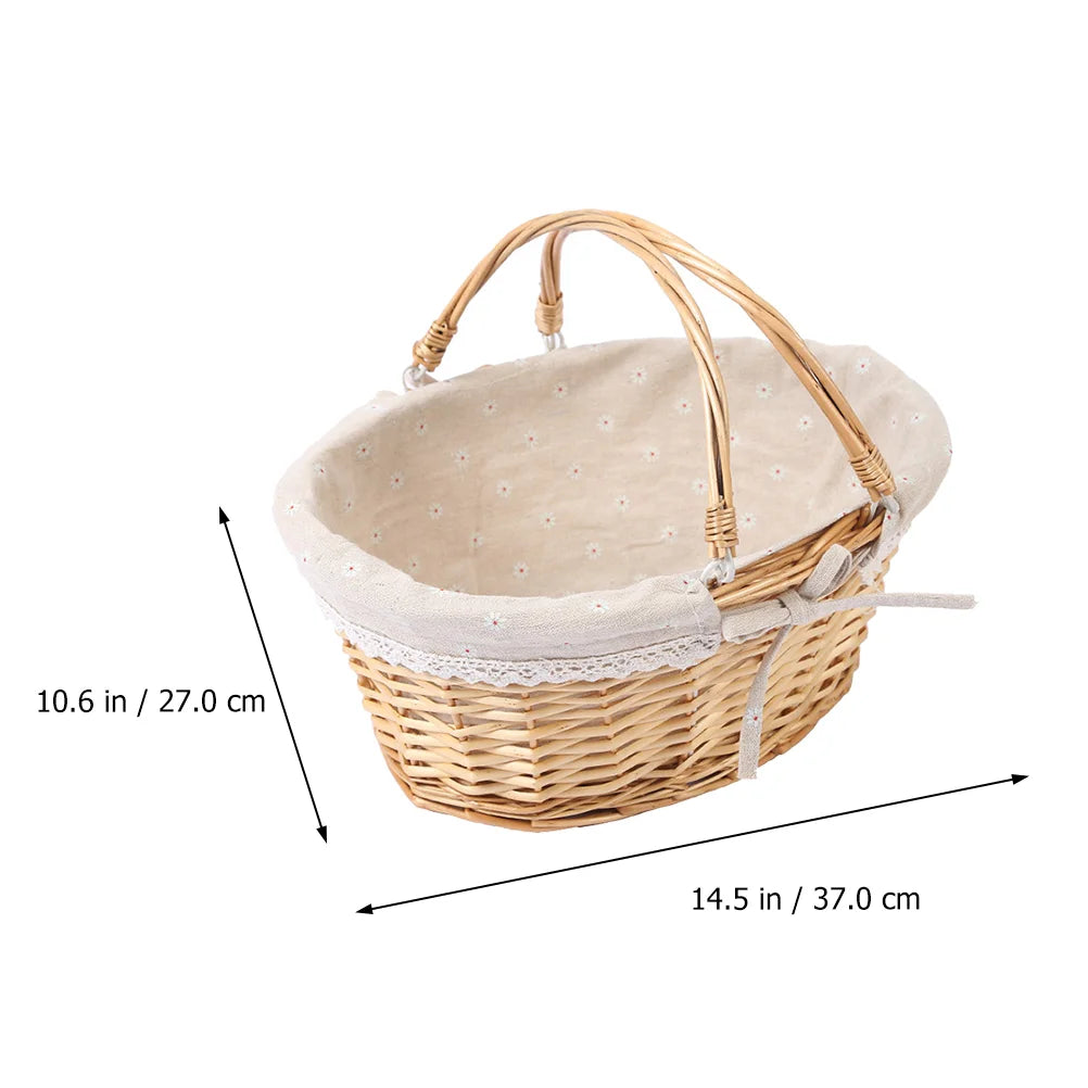 Woven Rattan White Woven Basket: Flower Basket Gift Basket with Handle and Cloth Liner Fruits Vegetables Bread Sundries Storage