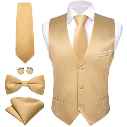 Designer Men's Vest Solid Silk Satin Waistcoat Tie Bowtie Hanky Set
