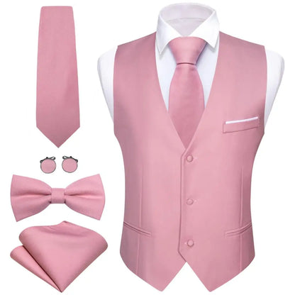 Designer Men's Vest Solid Silk Satin Waistcoat Tie Bowtie Hanky Set