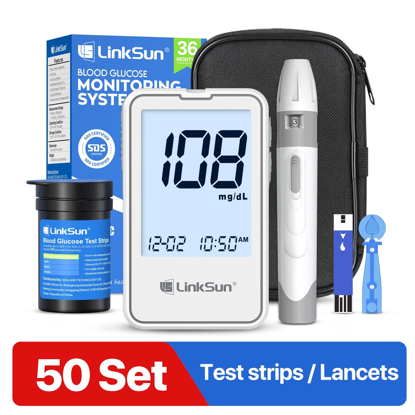 Bioland G‑425‑2 Blood Glucose Meter – Fast 5‑Second Results with 50 Test Strips, Diabetes Testing Kit