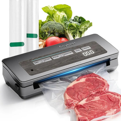 Vacuum Sealer, 90kPa 120W Wide Seal All-in-One Strong Food Storage with Built-in Cutter | 2 Roll Bags and 5 Pre-cut Bags