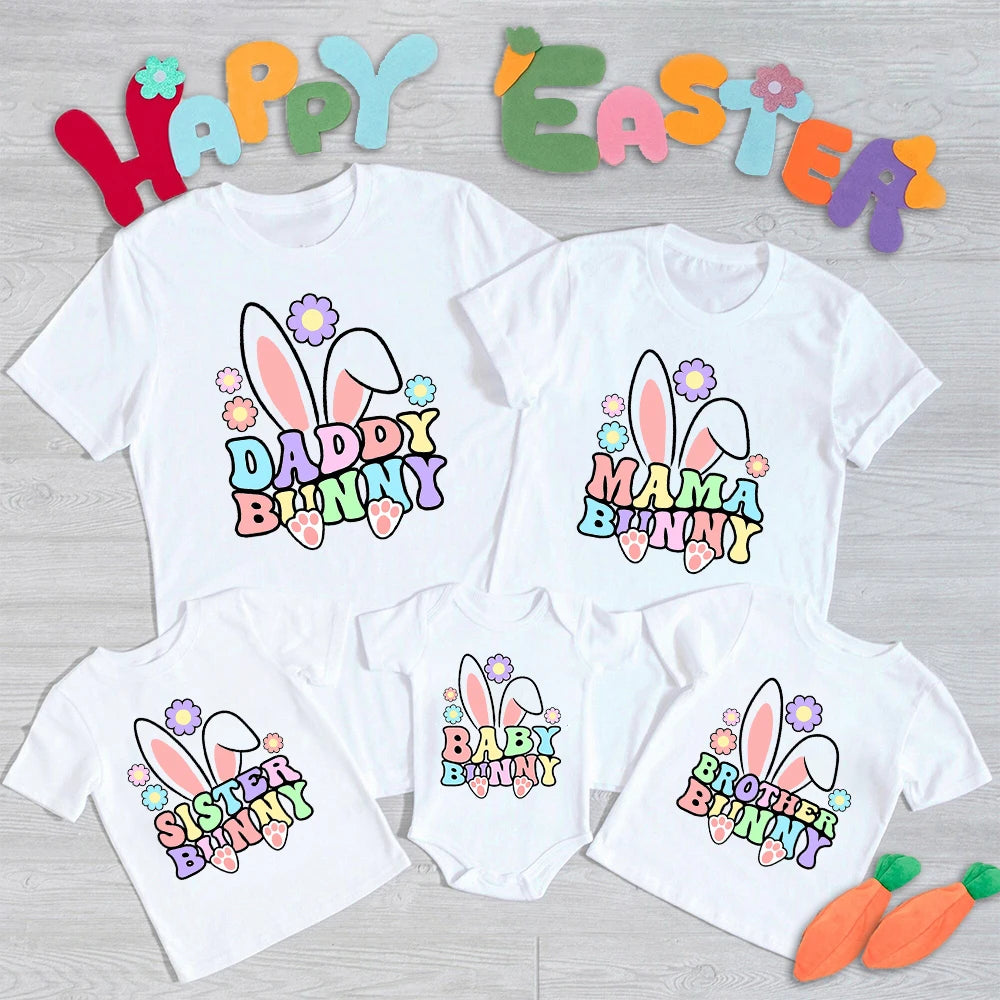Easter Family Matching Outfits – Dad, Mom, Sis, Bro & Baby Bunny Printed Shirts and Baby Bodysuit