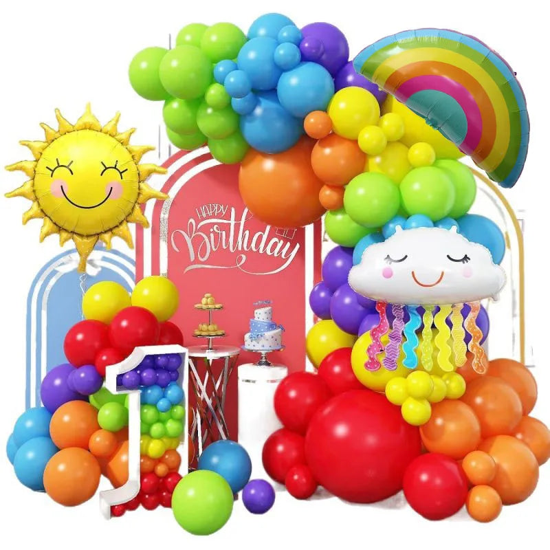 129PCS Rainbow Sun Cloud Balloon Set - Party Supplies for Kids Birthday, Outdoor Celebration & Holiday Party