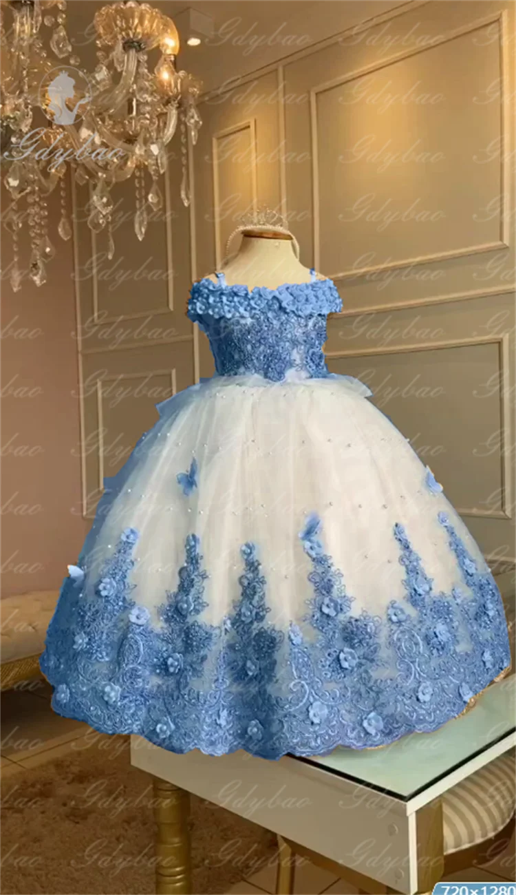 Baby Flower Girl Dresses Off-the-shoulder Pearls Gold appliqués Off Lace Butterflies Flower Princess Dress Infant First Birthday