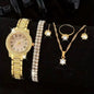 6PCS Women's Luxury Elegant Alloy Crystal Wristwatch, Rhinestone Bracelet, Neckless, Ring