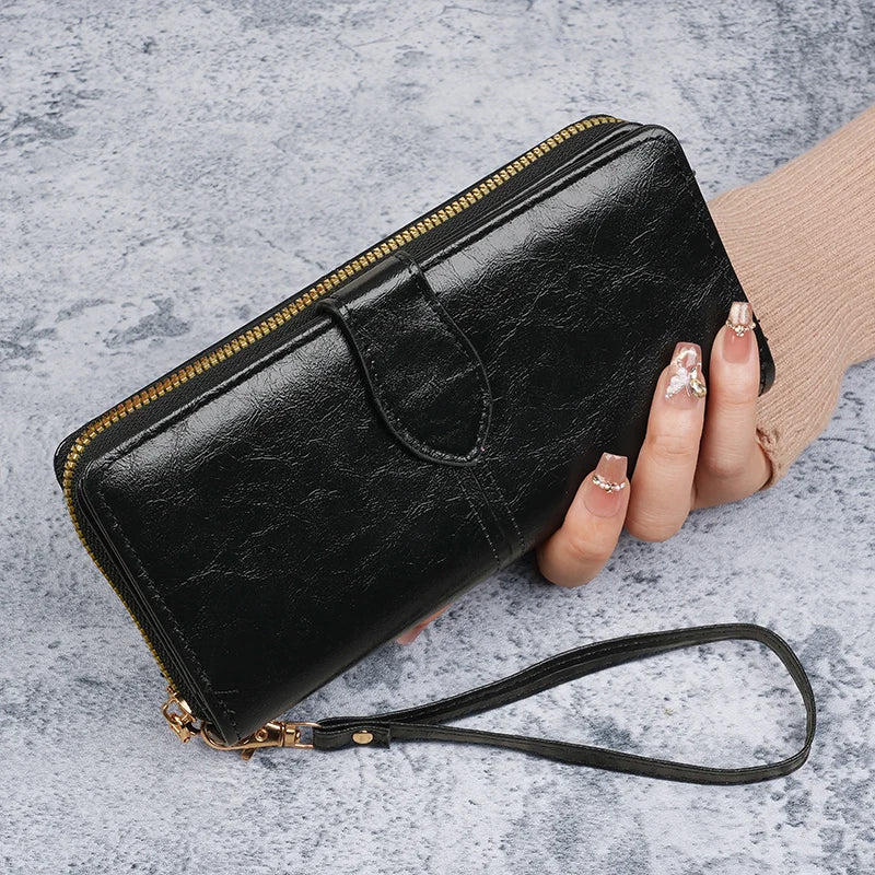 Hot selling cross-border oil wax zipper wallet for women, European and American retro card bag, large capacity mobile phone bag,