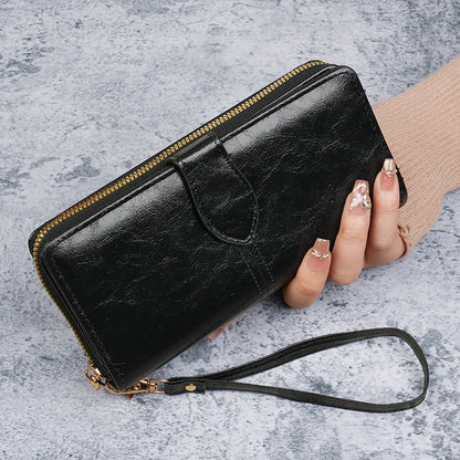 Hot selling cross-border oil wax zipper wallet for women, European and American retro card bag, large capacity mobile phone bag,