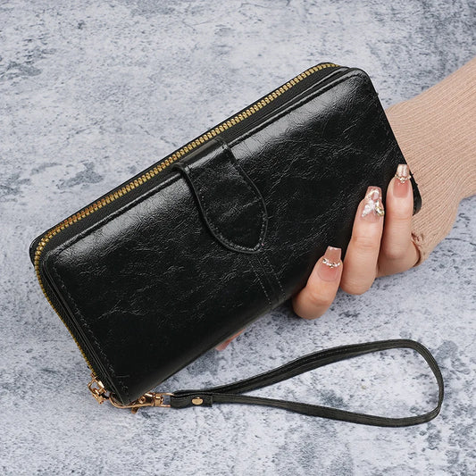 Hot selling cross-border oil wax zipper wallet for women, European and American retro card bag, large capacity mobile phone bag,