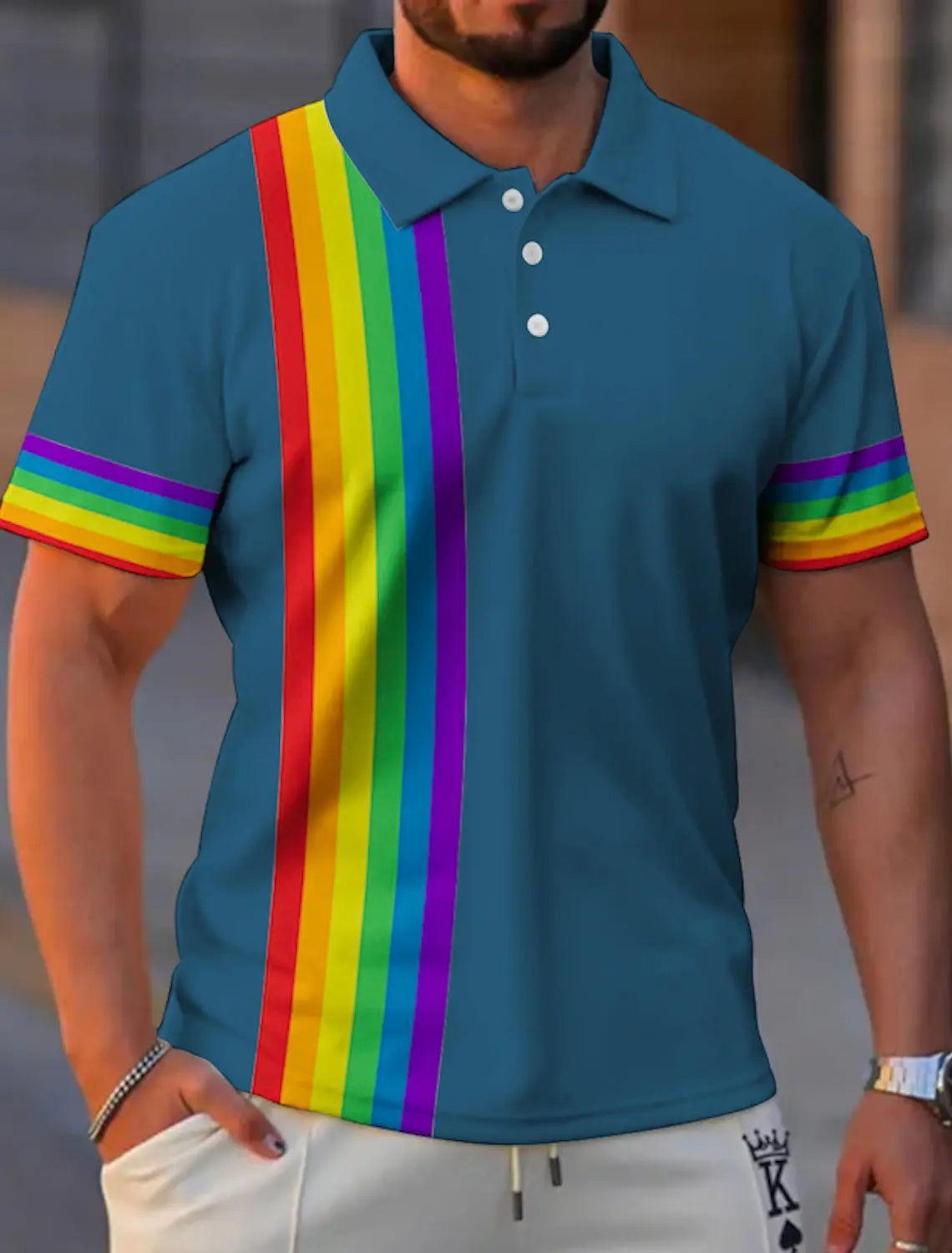 Men’s Rainbow Graphic Polo – Button‑Up Short Sleeve Shirt