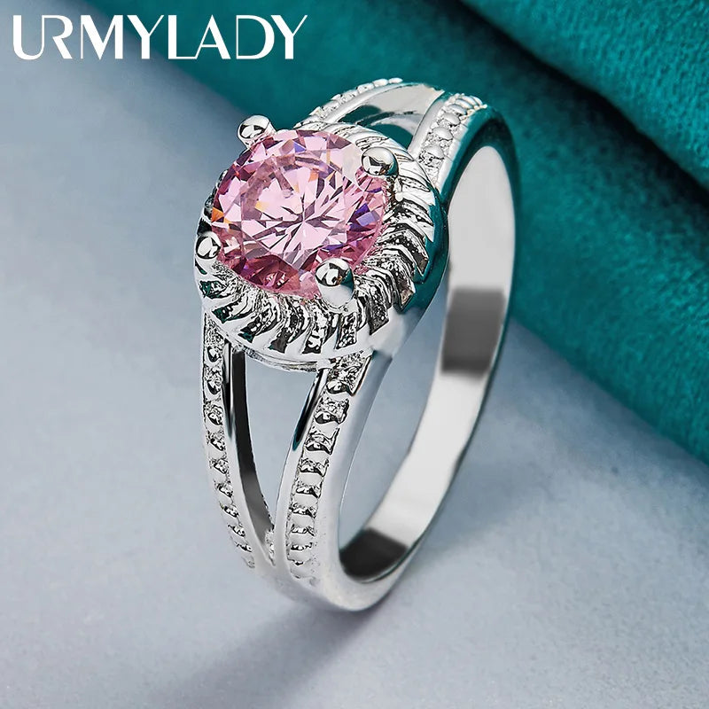 925 Sterling Silver Charm Pink Zircon 7-10 # Ring