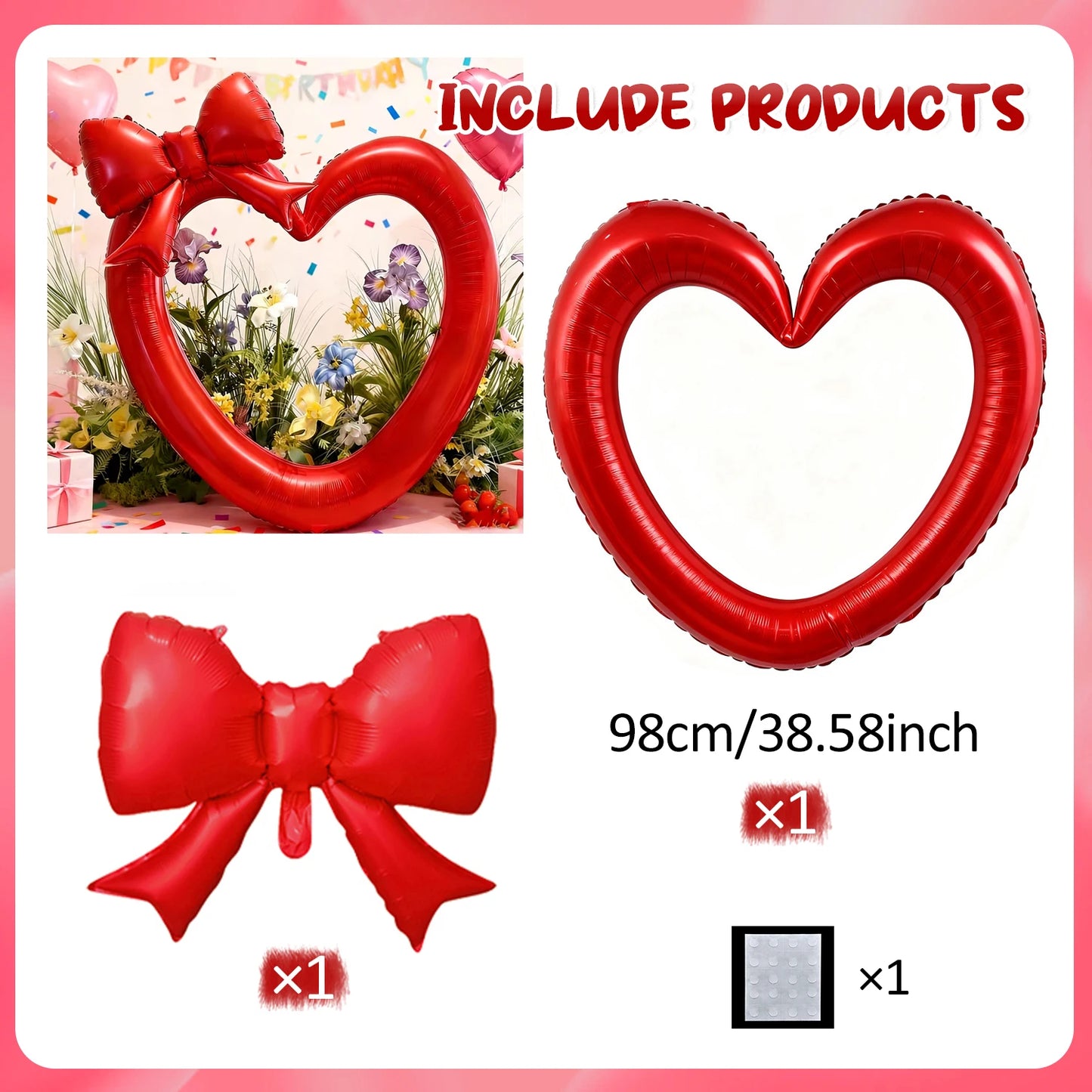 Pink Hollow Heart & Bow Foil Balloons for Birthday, Valentine’s Day & Shower Décor
