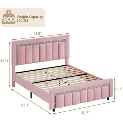 Queen Bed Frame with Headboard, Pink Velvet Upholstered Bed Frame with Diamond Footboard, Soft Bed Frames, Vertical Chann