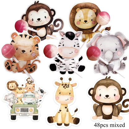48pcs Wild Animal Lollipop Cards Carton Candy Holder For Kids Wild Forest Happy Birthday Party Candy Gift Accessories Supplies