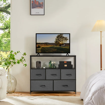 TV Stand Dresser For Bedroom With 5 Fabric Drawers Storage JHK