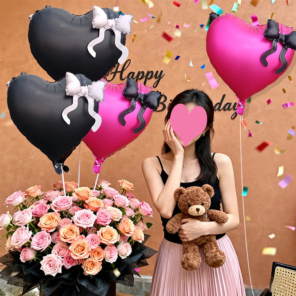 22inch Pink Red Black Heart Shaped Foil Balloons with Bow Valentines Day Wedding Party Decorations Birthday Baby Shower Supplies