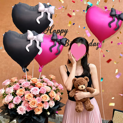 22inch Pink Red Black Heart Shaped Foil Balloons with Bow Valentines Day Wedding Party Decorations Birthday Baby Shower Supplies